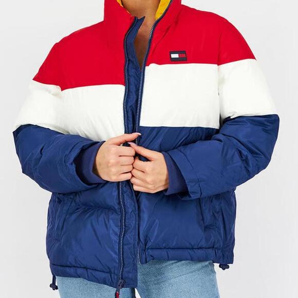 TOMMY HILFIGER Womens (S) Red/White/Navy Quilted Puffer Bomber Winter Jacket - Picture 1 of 9